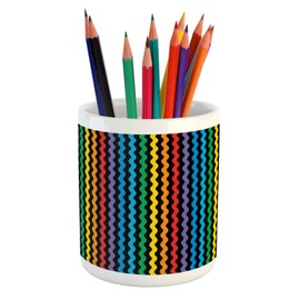 Ambesonne Purple and Yellow Pencil Pen Holder, Rainbow Like Colorful Optical Illusory Vertical Repetitive Wavy Stripes, Ceramic Pencil Holder for Desk Office Accessory, 3.6" X 3.2", Multicolor