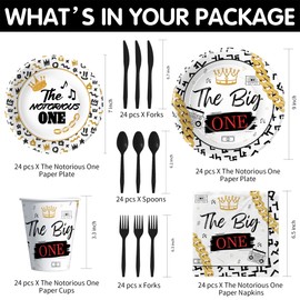 FVABO The Big One Birthday Decorations Tableware for Kids, Notorious 90's Hip Hop 1st Birthday Party Supplies, Disposable Paper Plates, Napkins, Cups, Cutlery, Serves 24