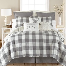 Levtex Home - Camden Quilt Set -King Quilt + Two King Pillow Shams - Buffalo Check in Grey and Cream - Quilt Size (106 x 92 in.) and Pillow Sham Size (36 x 20 in.) - Reversible Pattern - Cotton