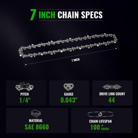 7" Chain Pitch: 1/4" Low Profile 44Drive Links Replacement Chain For 2-in-1 Cordless Pole Saw & Mini Chainsaw .043" Gauge