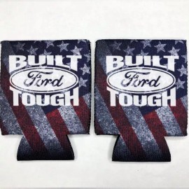 2 Ford Built Tough Fan Beer Can Cooler Coozie Koozie USA Flag Gift QTY 2