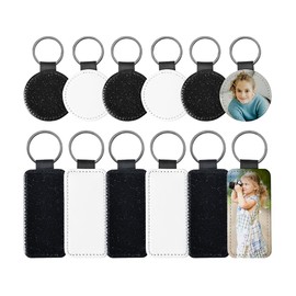 BUUFAN 12 PCS Sublimation Blank Keychain Heat Transfer PU Leather Keychain Set Round Rectangle Shape keychain for Present DIY Making