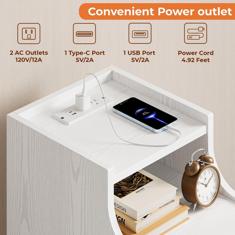 LIKIMIO Narrow Nightstand with Charging Station and LED Lights, Modern