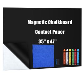 Magnetic Chalkboard Contact Paper, Self Adhesive Chalk Black Board Wallpaper, 35 x 47 Inch Blackboard Sheet Sticker Roll for Wall School Home with Water Chalk, Eraser, Wiping Cloth