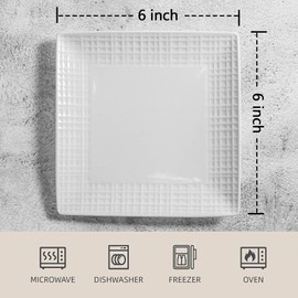 Wareland Appetizer Plates, Ceramic Dessert Plates, Salad Plates Set of 6, 6 inch White Square Dinner Plates for Snack, Small Plates for Restaurant, Dishwasher Microwave Oven Safe, Embossed Crisscross