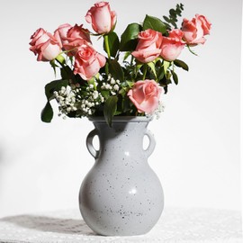 NiHome 8" Faux Ceramic Glass Flower Vase with Granite Texture, Dual-Handle Artistic Vintage Vase for Home Decor, Speckled Decorative Centerpiece for Living Room, Bedroom, Wedding Table, Office, Shelf