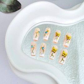 White French Tip Press on Nails Medium Coffin Fake Nails with Designs Flower Glue on Nails Yellow Butterfly Acrylic Nails Blue Rhinestone False Nails Glossy Stick on Nails for Women