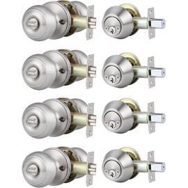 Brotima 4 Pack Keyed Alike Entry Door Knob and Deadbolt Set, Satin Nickel Double Cylinder Deadbolt Lock Set, Round Style Door Knobs Deadbolt for Exterior/Front Door