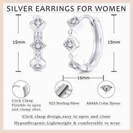 Josfeva 925 Sterling Silver Square Hoop Earrings, Small Hoops Ear Rings with Cubic Zirconia for Girls, Silver Hoop Earrings for Women, Hypoallergenic Sleeping Cartilage Ear Jewellery with Present Box