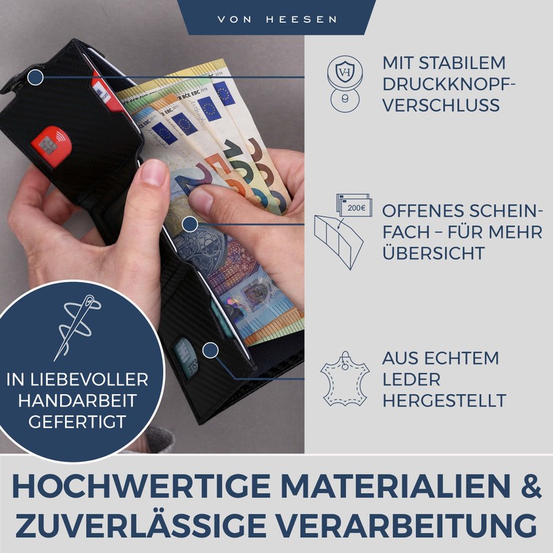 VON HEESEN Slim Wallet with RFID Protection, for Men and