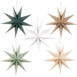 GangGangBAO Pack of 5 Paper Stars, 30 cm Paper Star Decoration, 9 Points Poinsettia, New Year, Christmas Decorations for Christmas, Wedding, Birthday, Table Decoration, Beige Green