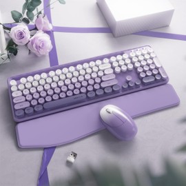 FCPLU xUBOTIE Wireless Keyboard and Mouse, Colorful 104-Key QWERTY with Round Keys, Phone Holder, Wrist Rest, Power Buttons, 2.4GHz USB for PC Laptop(Purple Gradient)