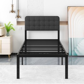 Likelalaso Twin XL Bed Frame with Upholstered Headboard, 18 inch Tall Twin XL Bed Frames, Steel Slat Support, Noise Free, No Box Spring Needed, Easy Assembly, Black