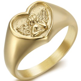 Jude Jewelers Stainless Steel Heart Shaped Signet Style Angel Pattern Statement Promise Wedding Ring (Gold, 7)