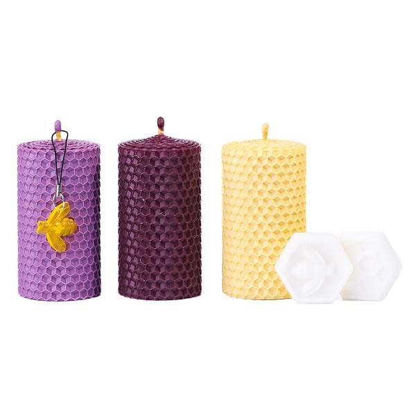 Colored Beeswax Candle Gift Set. 3 Beeswax Pillar Candles with Natural Honey Scent and Hand Made Honeycomb Charm for Gift and Home Decor (Purple, Lavender and Ivory Candles, 3 pcs, Size 3.3 x 1.8 in)