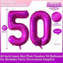 Laser Hot Pink Number 50 Balloons, 40 Inch Giant Pink Number Balloons Nylon Helium Hot Pink Number 50 Balloons for 50th Birthday Party Supplies Anniversary Event Celebration Decorations