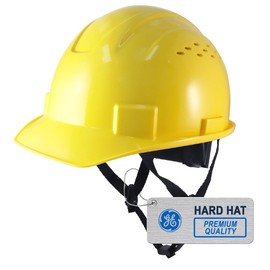 GE eral Electric Safety Helmet Vented, Hard Hat Style, One Size with Earmuff Slots, Includes 4-Point Ratchet System, Meets ANSI ISEAZ89.1-2014 and CSA Z94.1 Standards, Yellow, Model # GH326Y