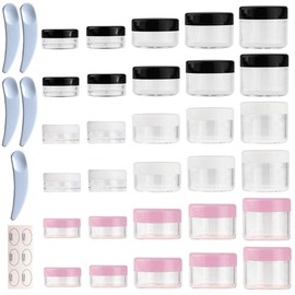 ZEJIA 30 Pieces Sample Containers with Screw Lids,5 Size 3/5/10/15/20 Gram Cosmetic Containers with 30pcs Labels and 5pcs Mini Disposable Spatula,for Makeup Eye Shadow Powder Lotion Jewelry