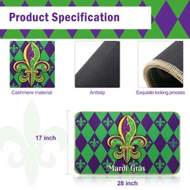 Mardi Gras Doormat Fleur De Lis Floor Mat Nonslip Holiday Entrance Mat Indoor Outdoor Decorative Rug Washable Welcome Mat for Mardi Gras Indoor Outdoor Decoration, 28 x 17 Inch