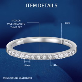 Moissanite Wedding Band, Eternity Ring for Women, 0.3ct D Color VVS1 Clarity Brilliant Round Cut Lab Grown Diamond Wedding Ring, Gemstone, Moissanite