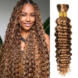 Human Braiding Hair 20 Inch 100g Ombre Highlight Deep Wave Bulk Human Hair for Braiding No Weft Curly Bundles Human Hair Extensions for Boho Knotless Braids Wet and Wavy Braiding Hair (4/27)