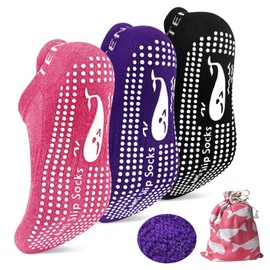 TENQUAN 3 Pairs Womens & Mens Non Slip Yoga Socks Anti-slip Grip Pilates Slipper Socks with Cushioned Soles for Home Hospital Sports (Black Pink Purple)