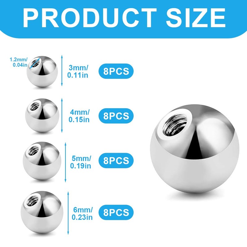 WeddHuis 32 Pieces Piercing Balls 1.2 mm Silver Replacement Ball