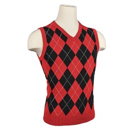 Women's Argyle Golf Sweater Vest - Black/Red/White Overstitch (Small)