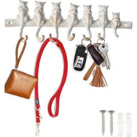 Comfify 7 Cats Wall Hook Rack – Decorative Vintage Design with 7 Hooks – Cast Iron – Wall Mounted – 12"x4" – White