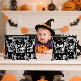 TAKEALOOKO Bad Two The Bone Birthday Favor Bags - 50Pcs Gothic Skeleton Goodie Bags with Handles for 2nd Birthday Party Decorations, Rock and Roll Black Plastic Treat Bag for Kids Girls