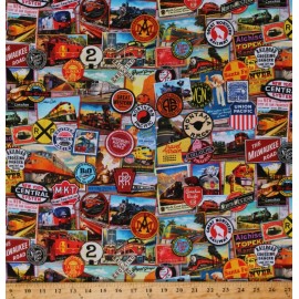 Robert Kaufman Cotton Railroads Trains Steam Engines Multicolor Fabric Print by Yard D368.41