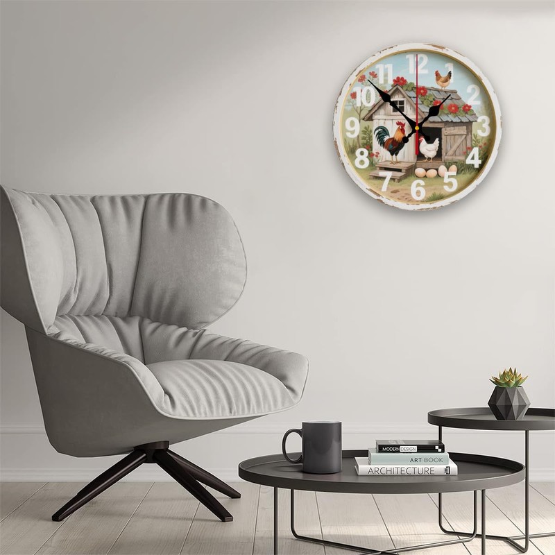 MEUUD Wood Wall Clock 10 Inch Farmhouse Chicken Rooster Print