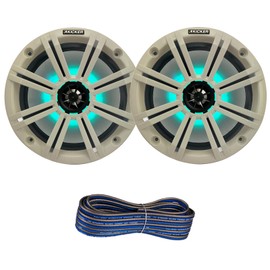 1 Pair (Qty 2) of Kicker 8" 2-Way 300 Watts Max Power Coaxial Marine Audio Multicolor LED Speakers with White Grilles, 50-Feet 16-Gauge Speaker Wire