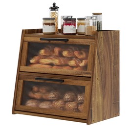kiplant Bread Box for Kitchen Countertop - Acacia Wood, Wavy Acrylic Door, 2-Layer Bread Storage Container, Large Bread Holder