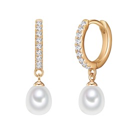 Valero Pearls Women's Creole Earrings Sterling Silver 925 Yellow Gold-Plated Freshwater Cultured Pearls White - Earrings for Women in Yellow Gold Colours with Freshwater Pearl, Cubic Zirconia