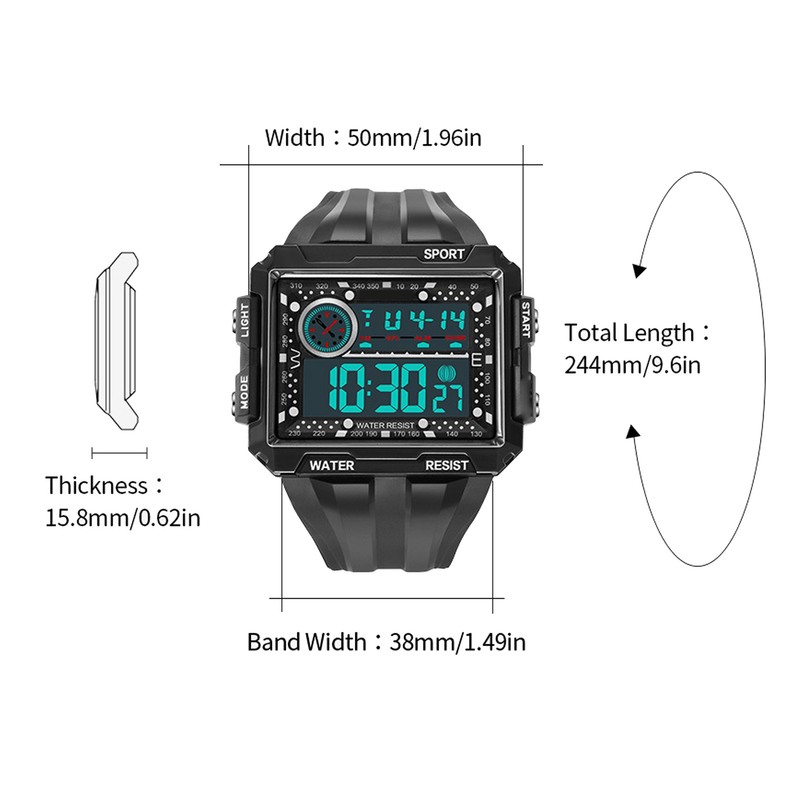 Men Rectangle Digital Sports Watch Night Light Rectangle Display Waterproof