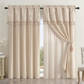 Chezmoi Collection Royale 4-Piece Jacquard Floral Window Curtain/Drape Set with Sheer Backing Valance Tassels, Champagne