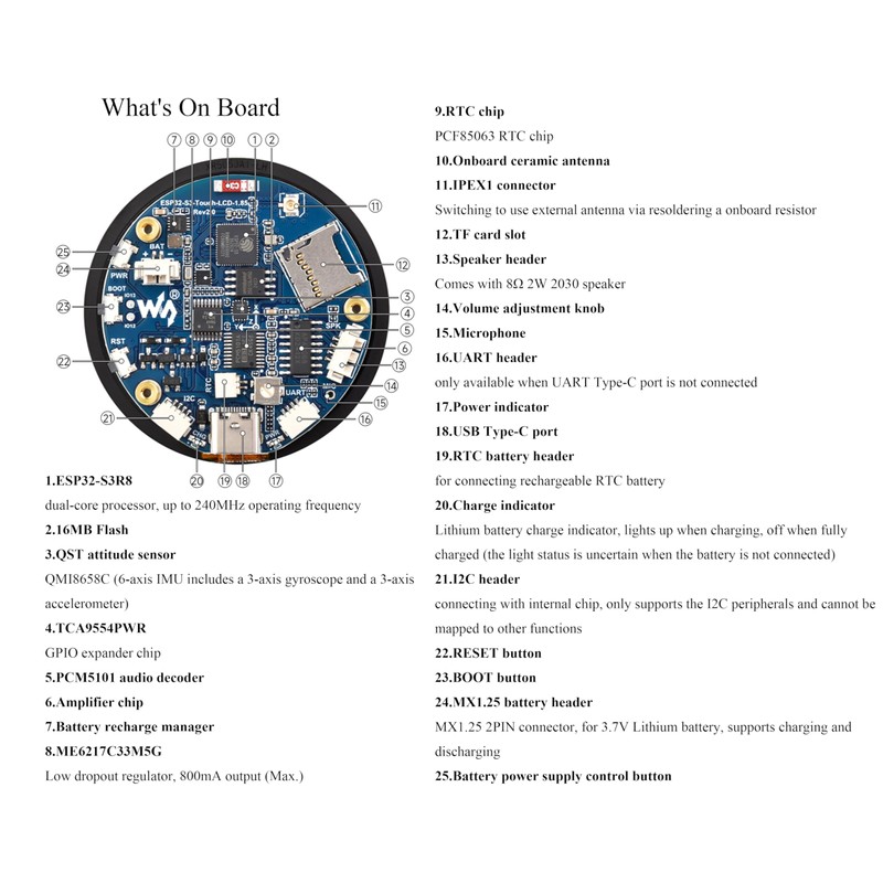 ESP32-S3 1.85inch Round Display Development Board, 360×360 IPS LCD, Dual-Core