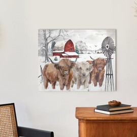 Farmhouse Winter Canvas Wall Art: Highland Cow, Red Barn and Windmill Rustic Country Landscape Painting Artwork Wall Decor - Winter Scene Pictures Prints Decorations for Home Framed 20"x16"