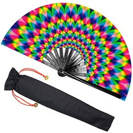 Zolee Large Rave Folding Hand Fan with Bamboo Ribs for Men/Women - Chinese Japanese Handheld Fan with Fabric Case - for Dance Music Festival Party, Performance, Decorations, Gift (Aperture)