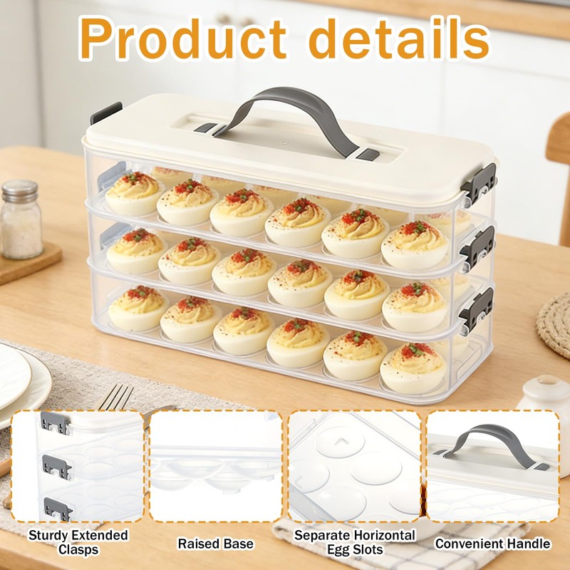 HFYZZ 3-Layer Deviled Egg Container with Lid and Handle, Clear