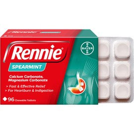 Rennie Rennie Antacids, Spearmint Flavour Heartburn Relief and Indigestion Tablets, Fast and Effective Relief for Acid Reflux, 4 Packs of 96 Tablets