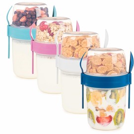 EYNEL 4 Pack On The Go 22 oz Breakfast Cups with Lids and Spoon, Reusable Cereal Yogurt Cup with Topping Plastic Overnight Oats Container for Granola Oatmeal (22 oz - 4 Pack)