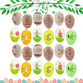Plastic Easter Eggs, Pack of 24 Easter Eggs, Colourful Easter Eggs Decoration, Easter Eggs for Hanging, Plastic Easter Eggs, Easter Decoration, Easter Eggs Plastic with Ribbon for Easter Shrub