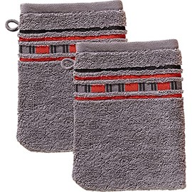 Erwin Müller Wash Mitt, Wash Cloth, Pack of 2, Achern Grey/Red, Size 16 x 21 cm, 500 g/m², Quick Drying, Extra Absorbent