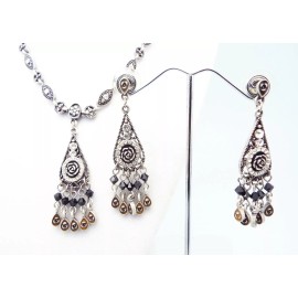 DESIGNER INSPIRED 18 in CLEAR CRYSTAL FILIGREE ROSE SILVER NECKLACE JEWELRY SET