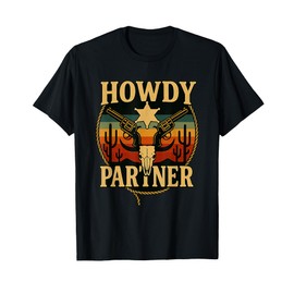 Howdy Partner Western Cowboy Longhorn Skull Sheriff Star T-Shirt