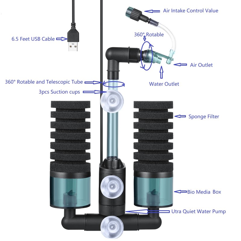 QANVEE Aquarium Sponge Filter Bubbler with Ultra Quiet Water Pump