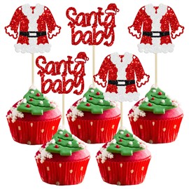 24 piezas de adornos de Navidad de Papá Noel para cupcakes con purpurina para Navidad, baby shower, revelación de género para niños, niñas, fiesta de cumpleaños, decoración de pasteles