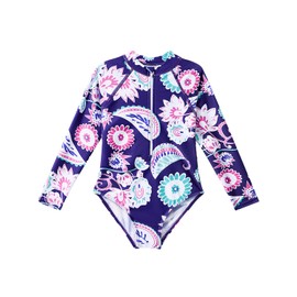 Century Star Girls Long Sleeve Swimsuit Toddler Kids Teen Rash Guard One Piece Bathing Suit Cute Swimwear UPF50+ Zipper 2-15 Years Blue Flower 10-11 Years